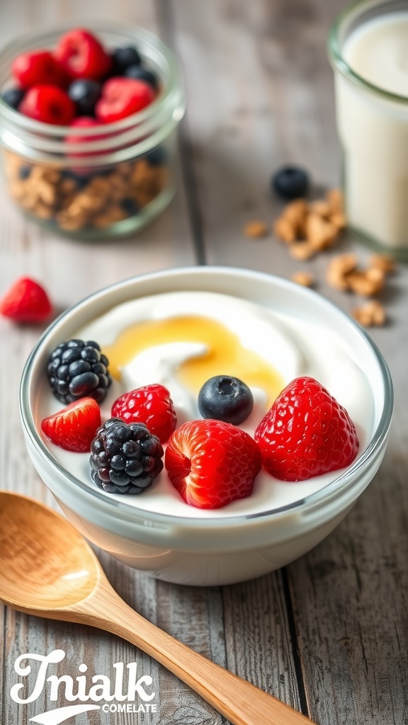 Creamy homemade yogurt in a bowl with berries and honey, on a rustic table.